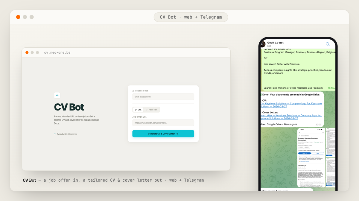 Le CV Bot, app web et bot Telegram qui transforme une offre d'emploi en CV et lettre de motivation sur mesure