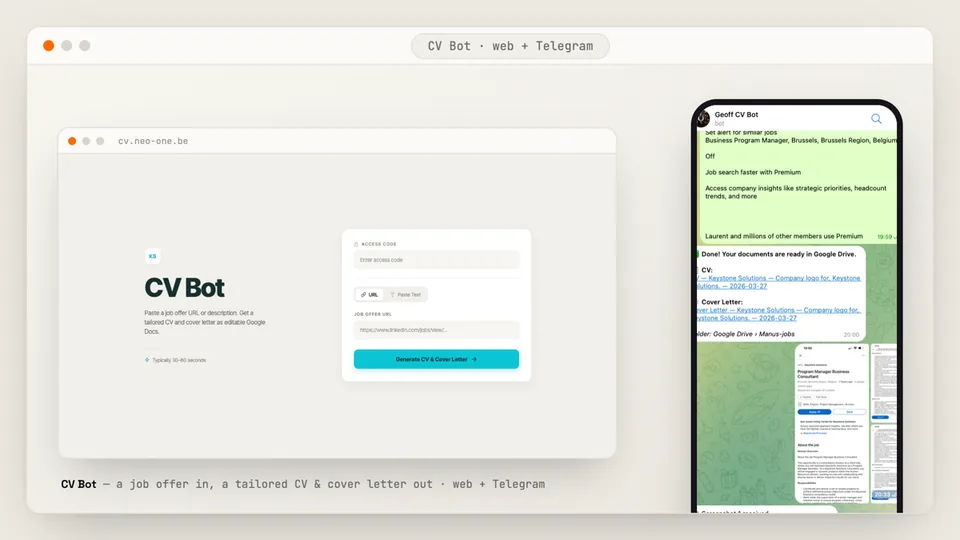 Le CV Bot, app web et bot Telegram qui transforme une offre d'emploi en CV et lettre de motivation sur mesure